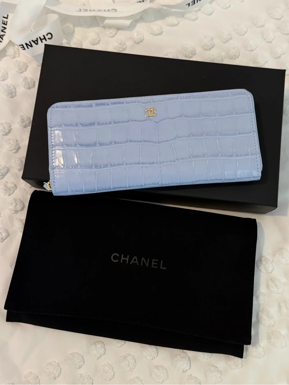 CHANEL Croc Embossed Zip Around Long Wallet Lilac Lavender Brand New with Box
